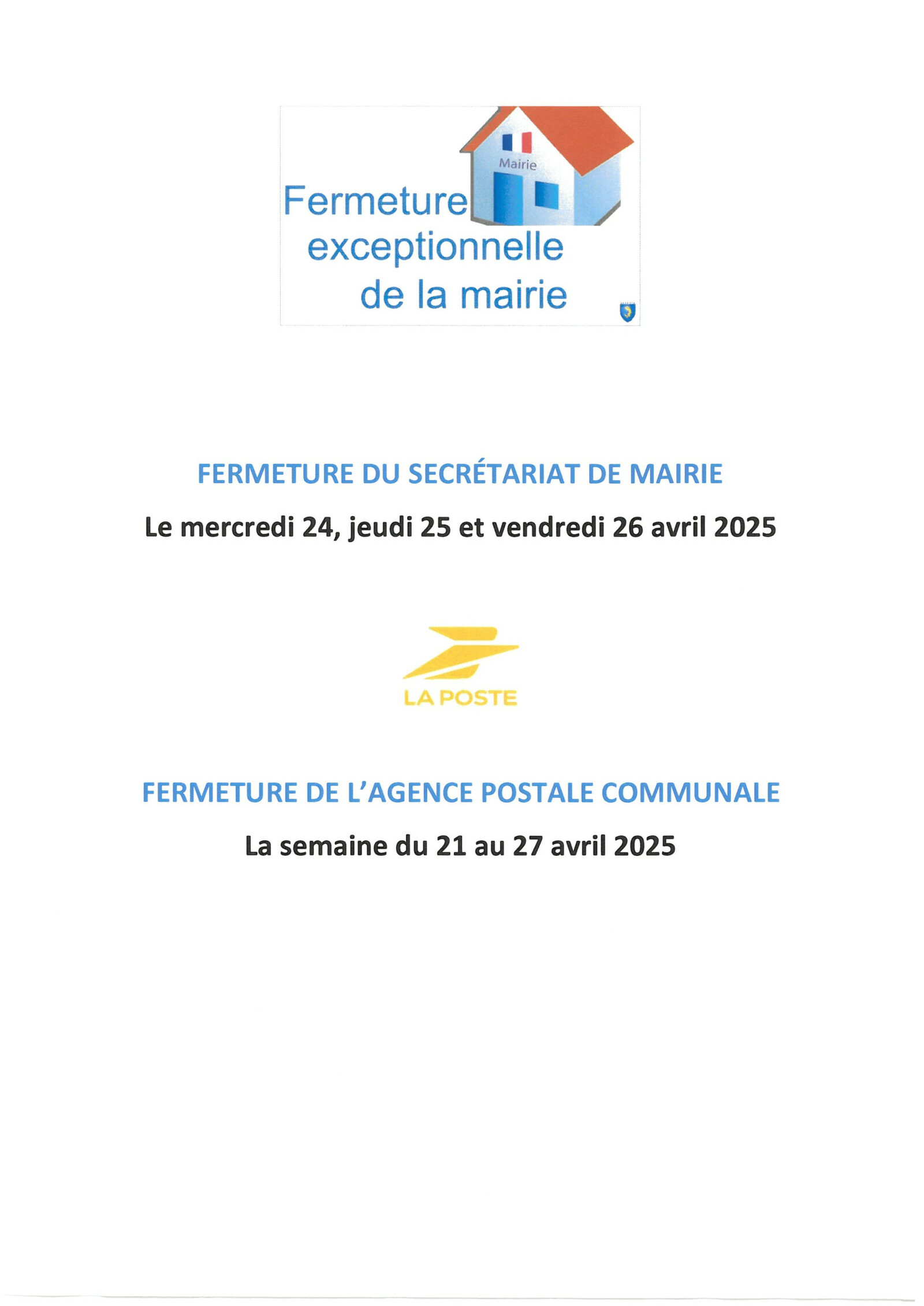 Fermeture secrétariat de mairie